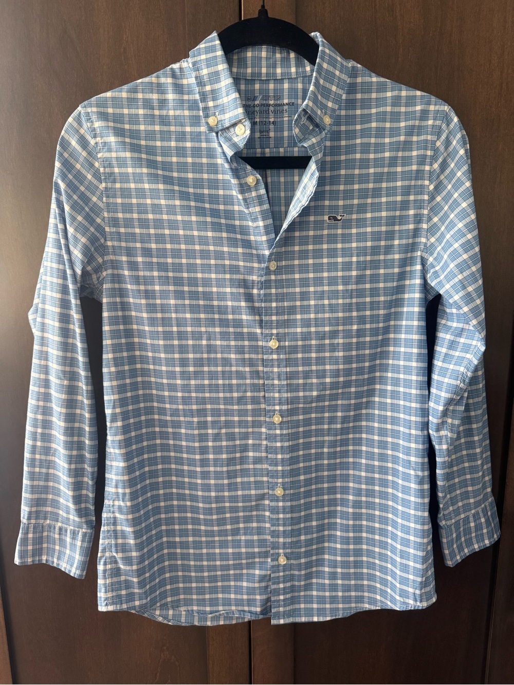 Vineyard Vines Boys Blue and White Plaid Button-Down OTG performance Brr Shirt